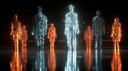 Dynamic digital human figures constructed from glowing binary code illuminate a futuristic, abstract network environment