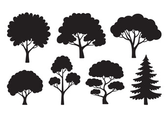Diverse collection of silhouetted trees in various shapes and sizes for design white background