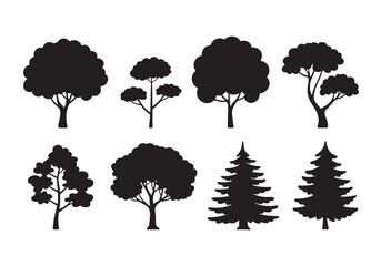 Diverse silhouette tree collection various shapes and sizes for natural scene design elements white background