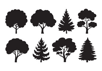 Collection of diverse tree silhouettes isolated on white for natural design elements white background