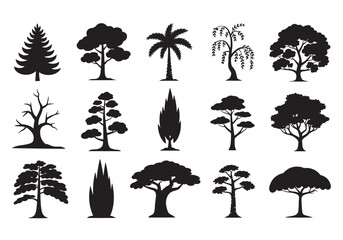 Diverse collection of tree silhouettes isolated on a for design elements white background