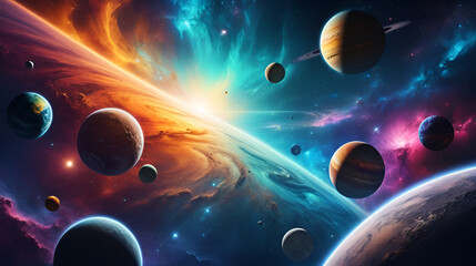 Vibrant Cosmic Scene with Colorful Nebula and Planets.