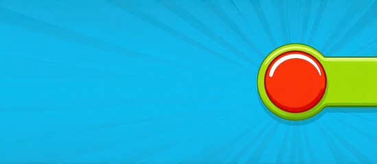Bright blue background with radiating lines features a large red button centered within a lime green frame, creating a playful, cartoonish effect