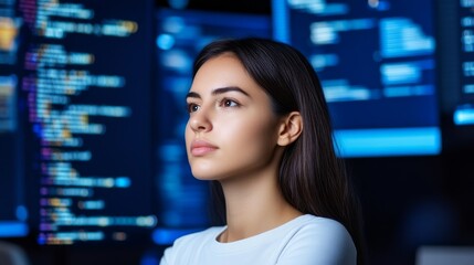 Focused female coder with code displays in background, Technology, AI