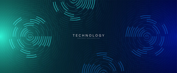 Wall Mural - Abstract futuristic technology lines background with green and blue light effect. Glowing circle lines design. Modern graphic elements. Vector illustration