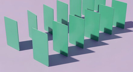 Wall Mural - Row of green cards creating a domino effect on purple background