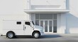 © Djemari - Armored truck parked in front of a white building with glass doors, showcasing security and transportation.