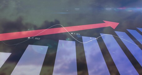 Wall Mural - Showing data chart against cloudy sky, with blue bars, red arrow, white line graph markers, labels