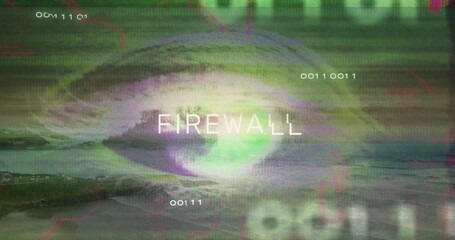Wall Mural - Showing glitching FIREWALL text flickering on simulated security interface, with binary code