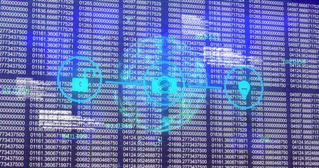 Wall Mural - digital dashboard streaming data on screen, with connected padlock, envelope and headset icons