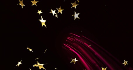 Wall Mural - Floating metallic gold star shapes drifting in abstract dark space, with magenta light streaks