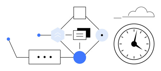 Wall Mural - Abstract workflow diagram with shapes, icons, and lines illustrating process flow, cloud connectivity, and time tracking. Ideal for technology, productivity, automation, planning and data management