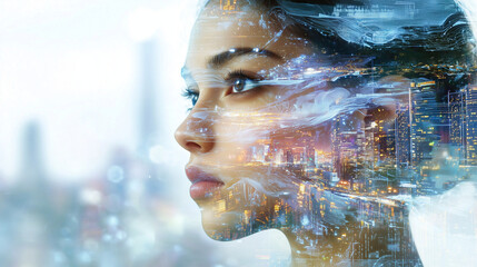 Futuristic double exposure of a woman’s face with glowing digital cityscape and abstract data flow elements.