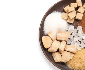Wall Mural - Plate with different types of sugar on white background