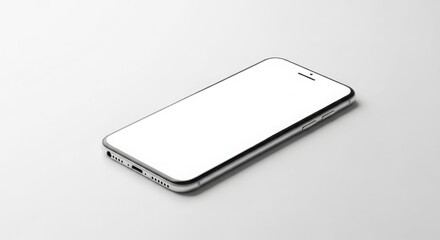 A modern smartphone with a blank screen is displayed on a white surface.