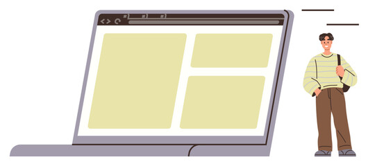 Male figure standing near laptop displaying web layout with simplistic design. Ideal for online learning, remote work, personal branding, web design, career growth, modern tech, simple flat metaphor