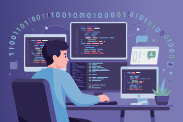 Software Developer Coding on Multiple Monitors with Binary Code and Plant Accent
