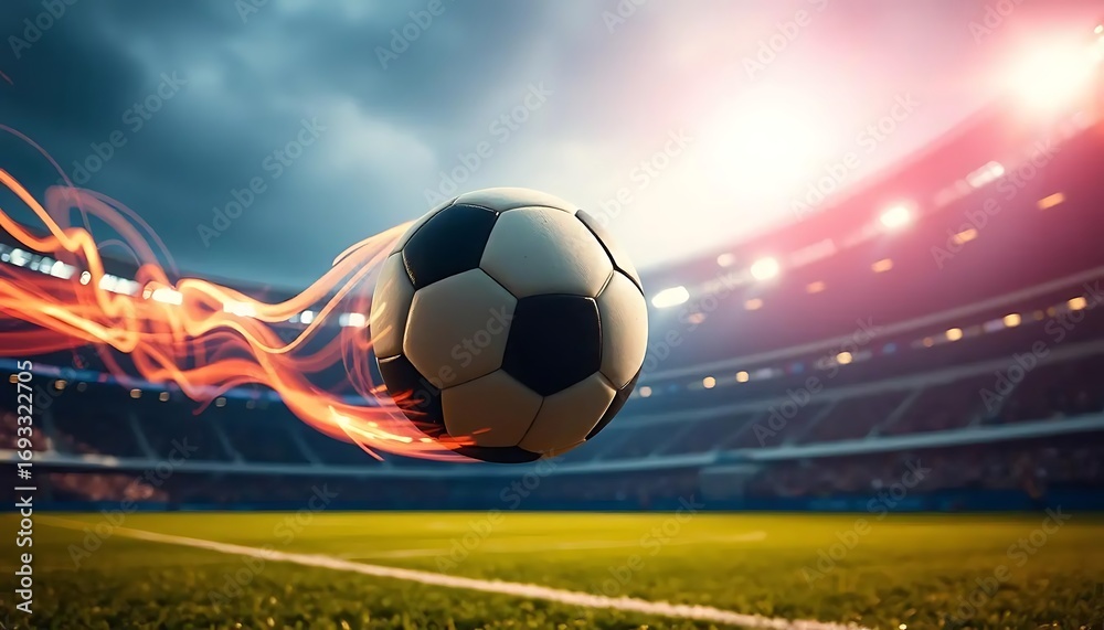 Soccer ball flying through the air with motion blur at a stadium during ...