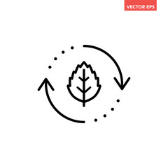Black single organic recycle line icon. Simple round leaf ecology circle flat design vector pictogram, infographic interface elements for app logo web button ui ux isolated on white background