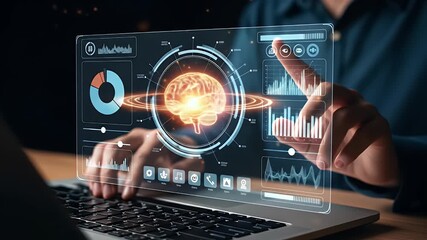 Futuristic interface with glowing brain hologram over laptop
