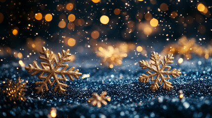 Gold snowflakes on dark blue glitter, festive bokeh background