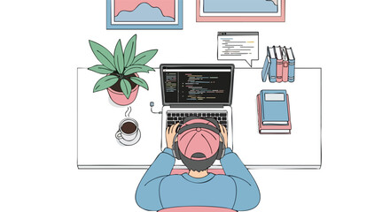 A programmer wearing headphones, sitting at a desk and coding on a laptop from a top-down view.