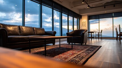 Wall Mural - Cozy modern living room with large windows showcasing a sunset over the ocean, inviting relaxation