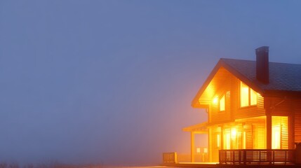 Wall Mural - Cozy wooden house illuminated at night, surrounded by fog, creating a serene and tranquil atmosphere