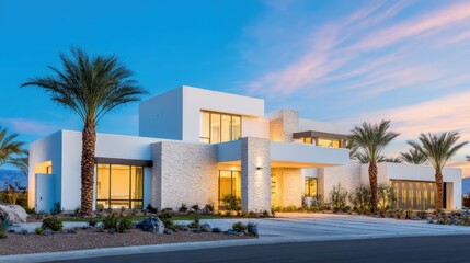 Wall Mural - Modern architectural masterpiece with palm trees at dusk, showcasing elegant design and serene atmosphere