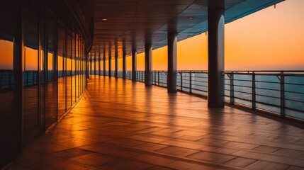 Wall Mural - Serene sunset view from a modern balcony overlooking the ocean, with reflections on sleek surfaces