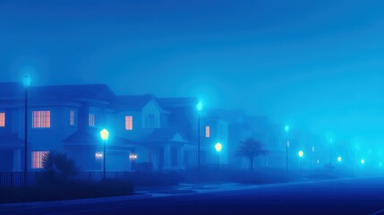 Wall Mural - Tranquil suburban neighborhood shrouded in fog with glowing streetlights illuminating homes at dusk