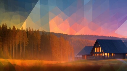 Wall Mural - Tranquil sunset over a cozy cabin nestled in a forest, with vibrant colors illuminating the sky