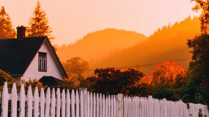 Wall Mural - Serene sunset view of a cozy house beside a white picket fence with vibrant autumn foliage in the background