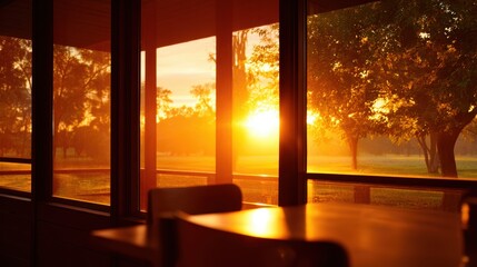 Wall Mural - Serene sunset view from a cozy cabin, highlighting warm sunlight filtering through trees