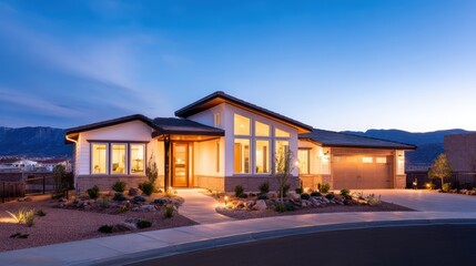 Wall Mural - Modern residential home at twilight with landscaped yard and mountains in the background