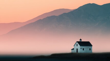 Wall Mural - Serene sunset over a solitary white farmhouse nestled against misty mountains in the background