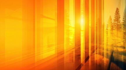 Wall Mural - Vibrant sunset casting warm orange hues through glass panels, illuminating a serene forest landscape