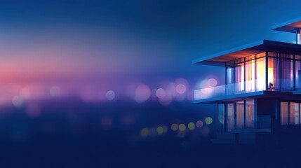 Wall Mural - Modern architectural house illuminated at dusk with city lights in the background creating a serene atmosphere