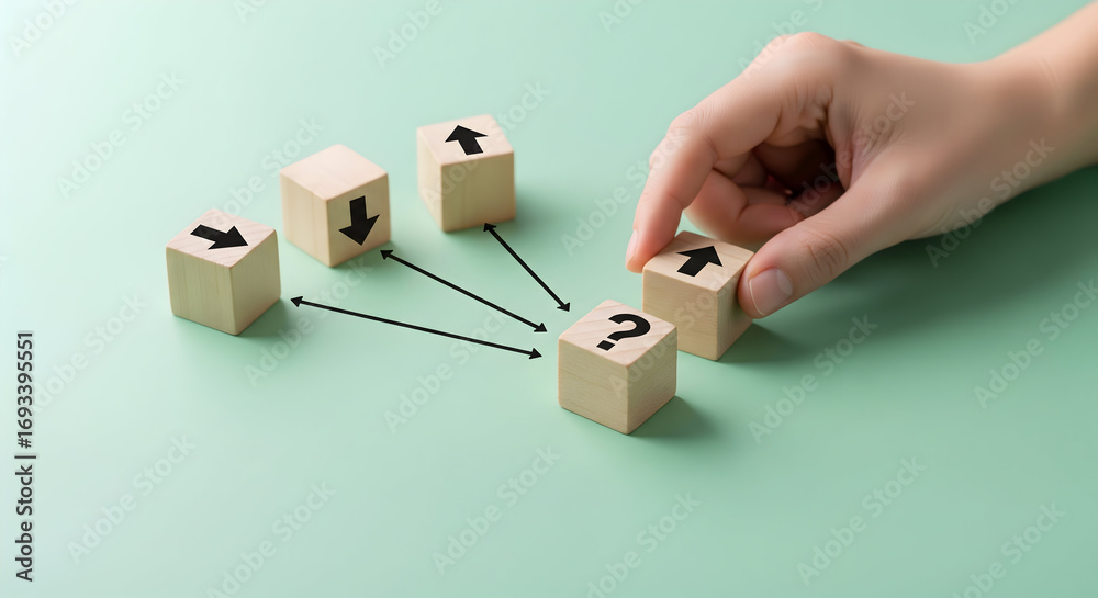 Decision-making process visualized with wooden blocks and arrows ...