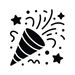Black and white icon of a party popper exploding with confetti and stars