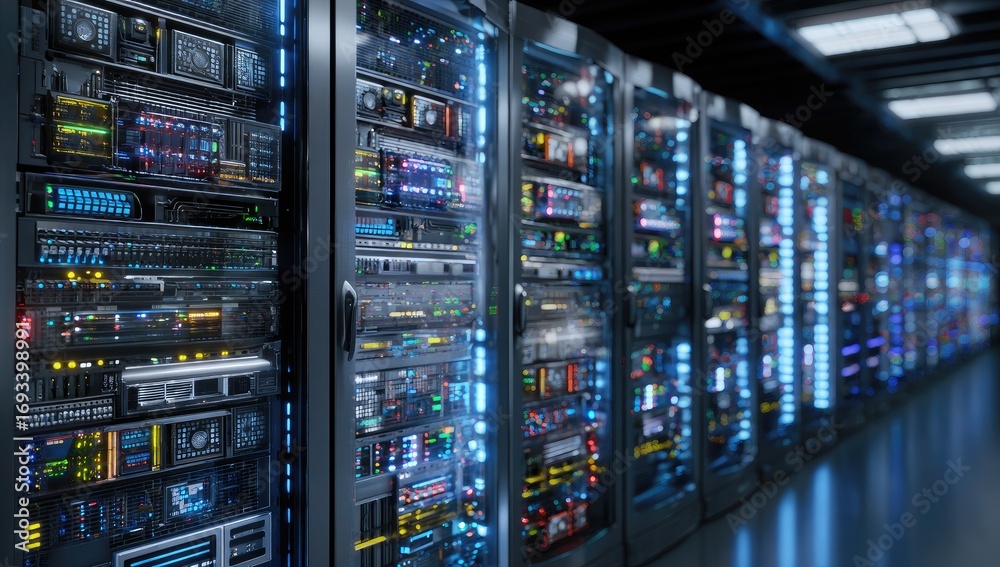 Server racks in a data center illuminated with blue light Stock Photo ...