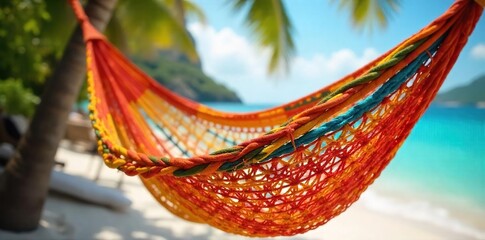 Close-up shot of a vibrant, intricately designed Brazilian net hammock gently swaying in a tropical breeze, sunlight filtering through the woven fibers , hammock, details