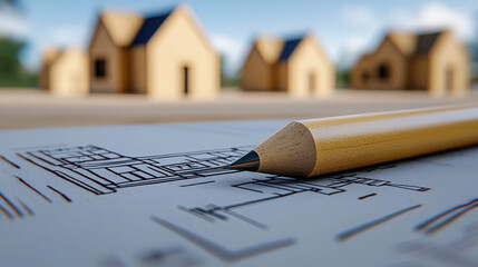 Architectural Blueprint with Wooden Pencil in Foreground and Models of Houses in Background, Concept of Real Estate and Construction Projects
