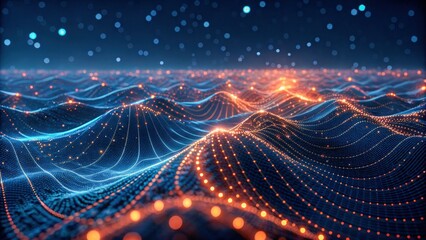 AI data wave insurance analytics glow, abstract network grid with dynamic dots and flowing lines under starry bokeh, futuristic calm energy
