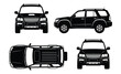 ©  MVectors - Black SUV Car Silhouette Views Front, Side, Top and Three Quarter; Vehicle vector illustration art.
