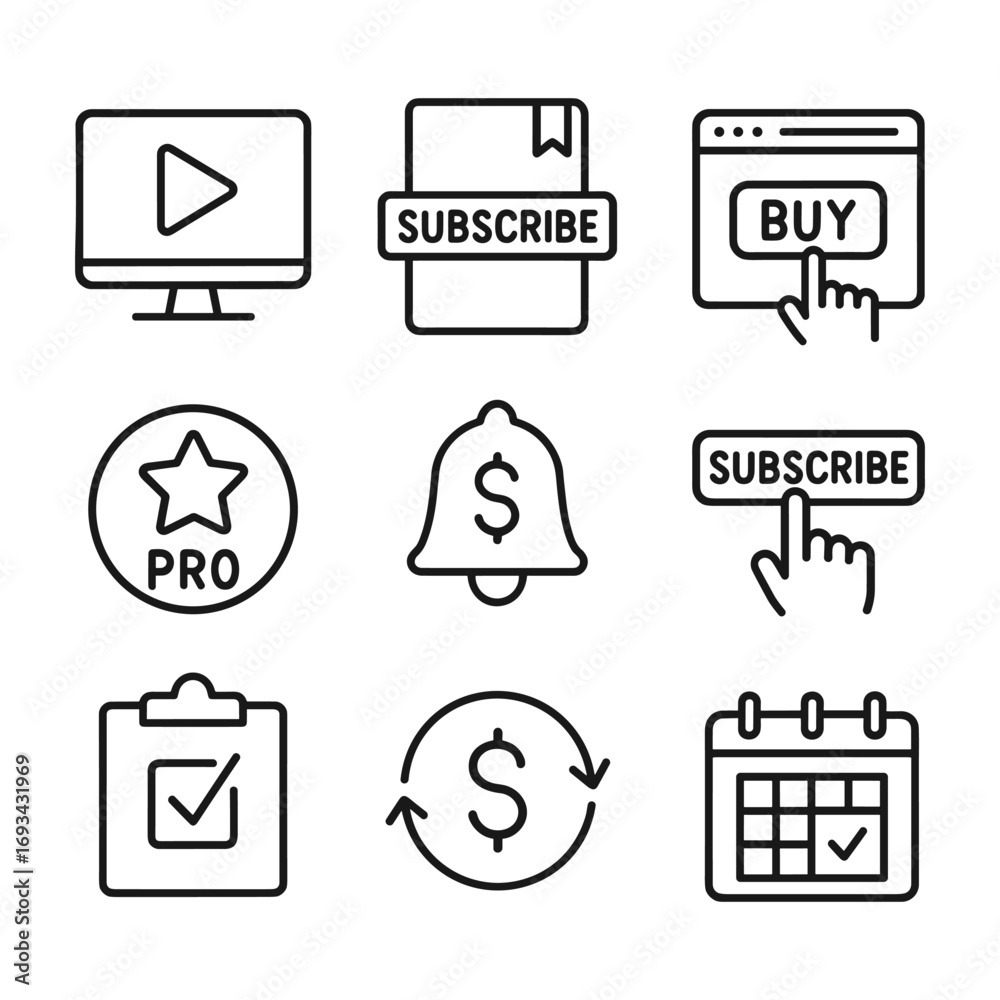Premium subscription and online payment icons bundle. Outline symbols ...