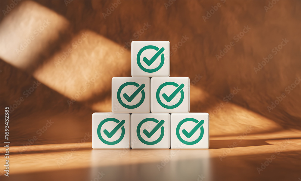 Check Mark Cube Six cubes stacked high with green check marks for success, approval ...