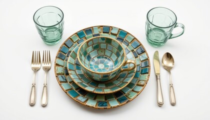 upcycled tableware set designed from sea glass shards, showing mosaic style surface, designed for long term use, isolated on pure white background with no shadow.