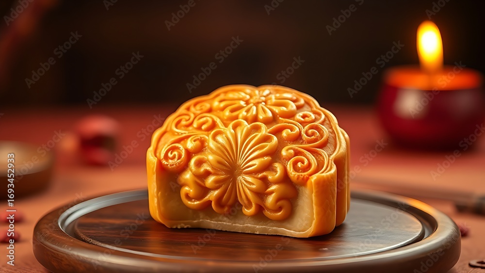 Golden mooncake with floral patterns on lacquered tray, warm ...