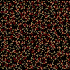Wall Mural - Seamless intricate floral print for fabric in folk design with brown and golden twigs, berries, buds and leaves on black background.